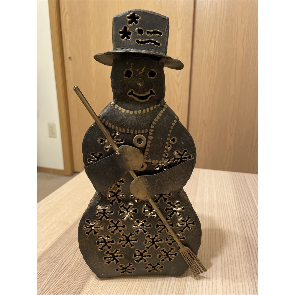 Vintage Snowman Tea Light Candle Holder Christmas Holiday Decoration Large Metal